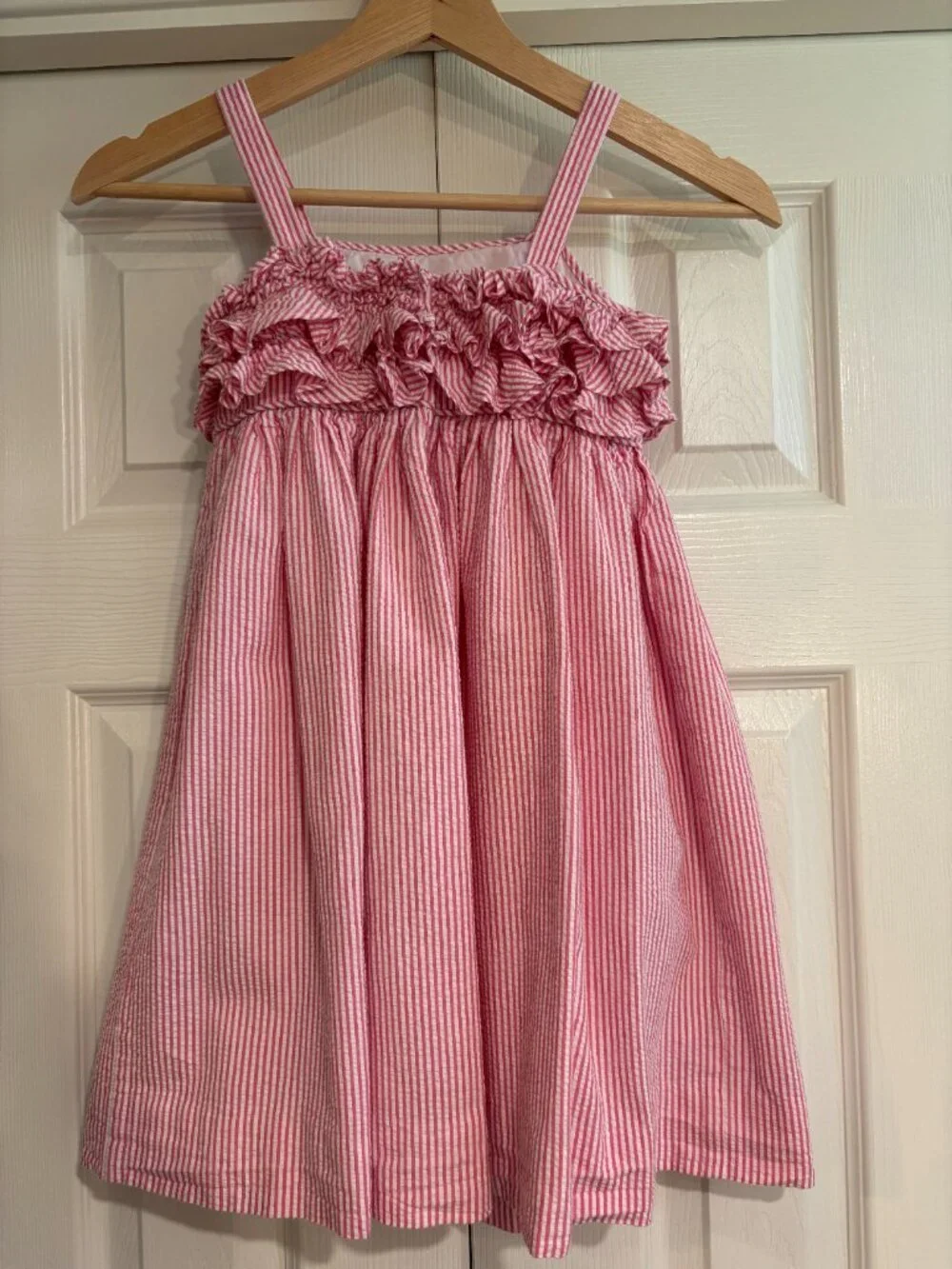 Ralph Lauren Girl's Seersucker Summer Dress Pink White Stripe Ruffles Size 6